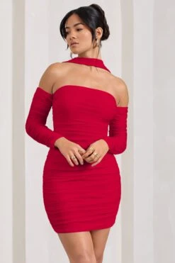 Thea | Red Ruched Long-Sleeved Bodycon Mini Dress With Halter Collar -ENY Clothing Shop WB CC HR CL128828005 Thea RedRuchedLong SleevedBodyconMiniDressWithHalterCollar3