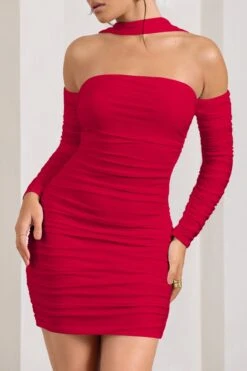 Thea | Red Ruched Long-Sleeved Bodycon Mini Dress With Halter Collar -ENY Clothing Shop WB CC HR CL128828005 Thea RedRuchedLong SleevedBodyconMiniDressWithHalterCollar4