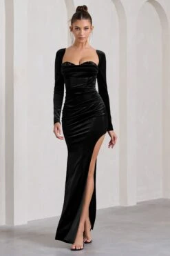 Moonlit | Black Velvet Corset Long-Sleeved Split Maxi Dress 10 Moonlit | Black Velvet Corset Long-Sleeved Split Maxi Dress -ENY Clothing Shop WB CC HR CL128848002 MoonlitBlackVelvetCorsetLong SleevedSplitMaxiDress1