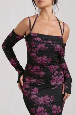 Jessie | Black Floral Print Strappy Long-Sleeved Bodycon Maxi Dress -ENY Clothing Shop WB CC HR CL128860115 JessieBlackFloralPrintStrappyLong SleevedBodyconMidiDress4