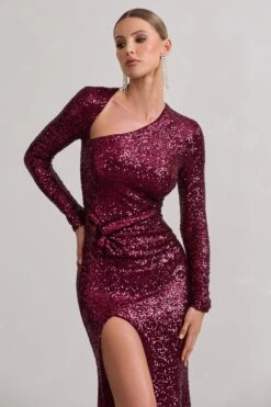 Remarkable | Burgundy Sequin Long-Sleeved Twisted Maxi Dress -ENY Clothing Shop WB CC HR CL128867158 RemarkableBurgundySequinLong SleevedTwistedMaxiDress6