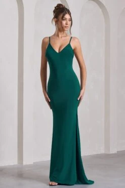 Naya | Bottle Green Strappy V-Neck Fishtail Maxi Dress -ENY Clothing Shop WB CC HR CL128879047 NayaBottleGreenStrappyV NeckFishtailMaxiDress0
