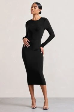 Dynasty Darling | Black Cowl-Back Long-Sleeved Bodycon Midi Dress -ENY Clothing Shop WB CC HR CL128880002 DynastyDarling BlackCowl NeckLong SleevedBodyconMidiDress1