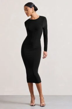 Dynasty Darling | Black Cowl-Back Long-Sleeved Bodycon Midi Dress -ENY Clothing Shop WB CC HR CL128880002 DynastyDarling BlackCowl NeckLong SleevedBodyconMidiDress2