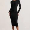 Dynasty Darling | Black Cowl-Back Long-Sleeved Bodycon Midi Dress -ENY Clothing Shop WB CC HR CL128880002 DynastyDarling BlackCowl NeckLong SleevedBodyconMidiDress4