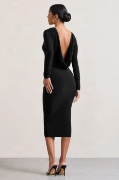 Dynasty Darling | Black Cowl-Back Long-Sleeved Bodycon Midi Dress -ENY Clothing Shop WB CC HR CL128880002 DynastyDarling BlackCowl NeckLong SleevedBodyconMidiDress7