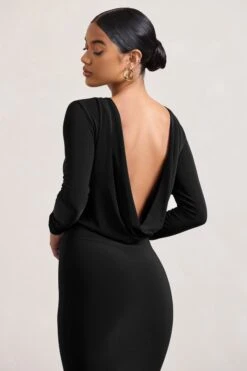 Dynasty Darling | Black Cowl-Back Long-Sleeved Bodycon Midi Dress -ENY Clothing Shop WB CC HR CL128880002 DynastyDarling BlackCowl NeckLong SleevedBodyconMidiDress8