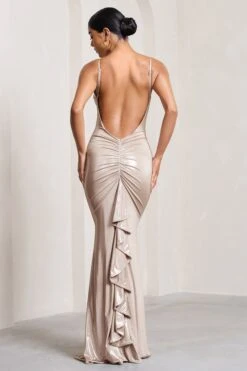 Naya | Gold Metallic Strappy V-Neck Fishtail Maxi Dress -ENY Clothing Shop WB CC HR CL128914007 Naya GoldMetallicStrappyV NeckFishtailMaxiDress5