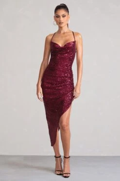 Anya | Berry Sequin Cami Cowl Neck Asymmetric Hem Midi Dress -ENY Clothing Shop WB CC HR CL129042 AnyaBerrySequinCamiCowlNeckAsymmetricHemDress0