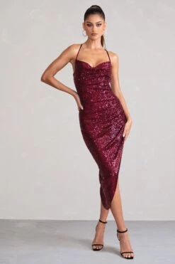 Anya | Berry Sequin Cami Cowl Neck Asymmetric Hem Midi Dress -ENY Clothing Shop WB CC HR CL129042 AnyaBerrySequinCamiCowlNeckAsymmetricHemDress2