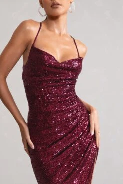 Anya | Berry Sequin Cami Cowl Neck Asymmetric Hem Midi Dress -ENY Clothing Shop WB CC HR CL129042 AnyaBerrySequinCamiCowlNeckAsymmetricHemDress3