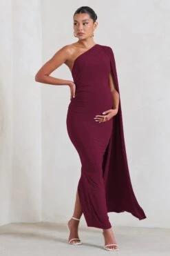Amaryllis | Burgundy Maternity One Shoulder Maxi Dress With Cape Sleeve -ENY Clothing Shop WB CC HR CL129202 AmaryllisBurgundyMaternityOneShoulderMaxiDresswithCapeSleeve0