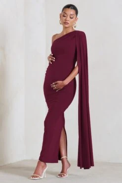 Amaryllis | Burgundy Maternity One Shoulder Maxi Dress With Cape Sleeve -ENY Clothing Shop WB CC HR CL129202 AmaryllisBurgundyMaternityOneShoulderMaxiDresswithCapeSleeve1