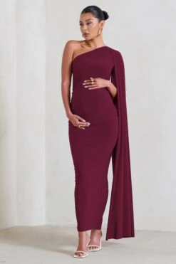 Amaryllis | Burgundy Maternity One Shoulder Maxi Dress With Cape Sleeve