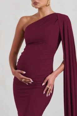 Amaryllis | Burgundy Maternity One Shoulder Maxi Dress With Cape Sleeve -ENY Clothing Shop WB CC HR CL129202 AmaryllisBurgundyMaternityOneShoulderMaxiDresswithCapeSleeve5 82b33d5f 6e99 46d3 8862 ae9db86ded0b