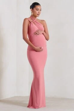 Alba | Blush Pink Maternity Halter Asymmetric Maxi Dress With Cut Out