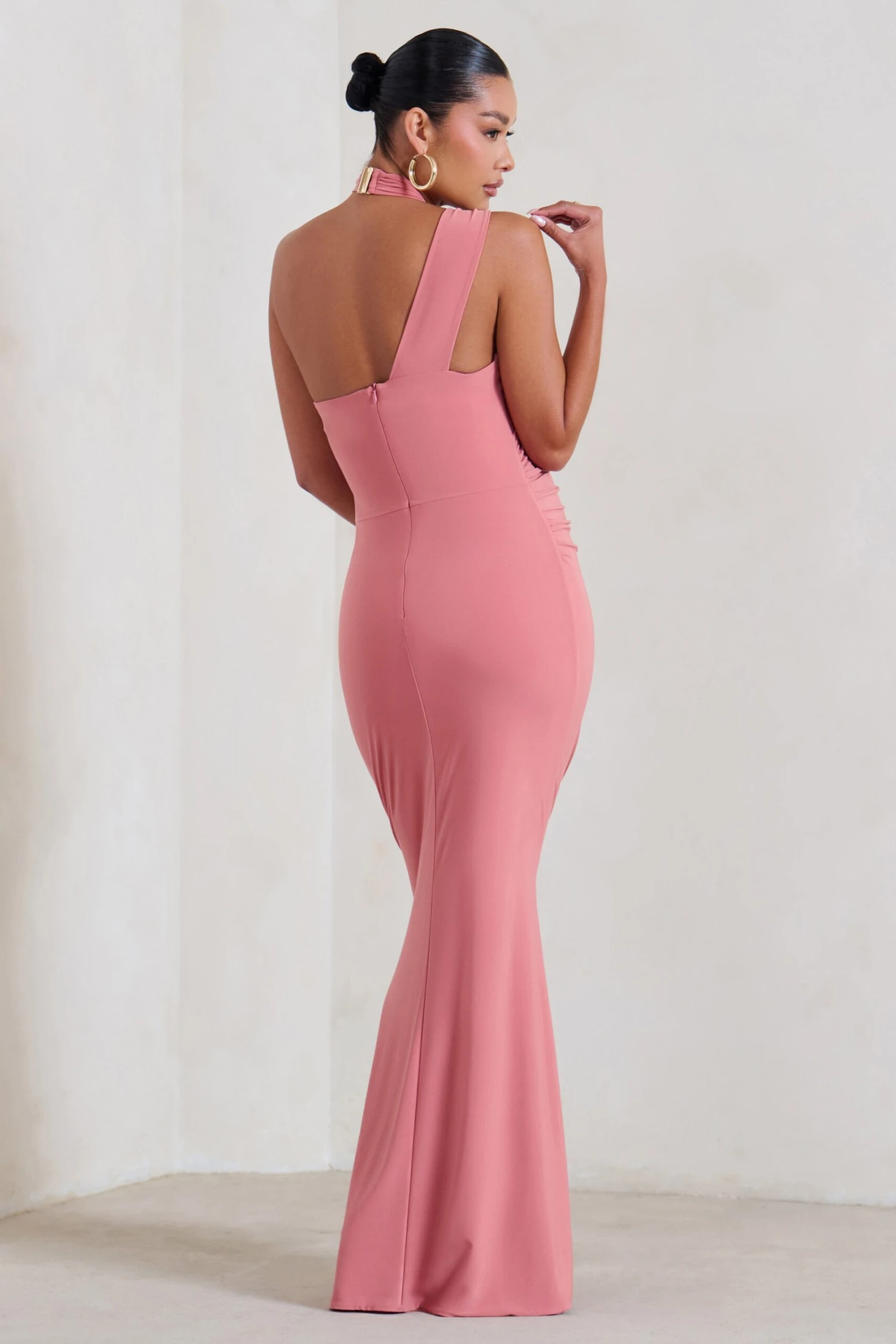 Alba | Blush Pink Maternity Halter Asymmetric Maxi Dress With Cut Out 4 Alba | Blush Pink Maternity Halter Asymmetric Maxi Dress With Cut Out - Image 2