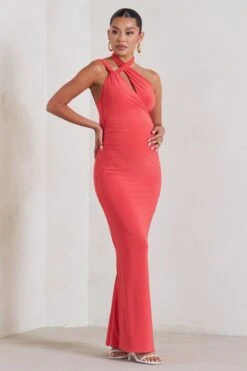 Alba | Coral Maternity Halter Asymmetric Maxi Dress With Cut Out