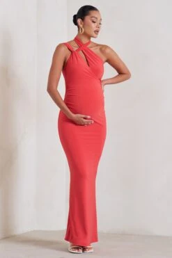 Alba | Coral Maternity Halter Asymmetric Maxi Dress With Cut Out -ENY Clothing Shop WB CC HR CL129208 AlbaCoralMaternityHalterAsymmetricMaxiDresswithCutOut1