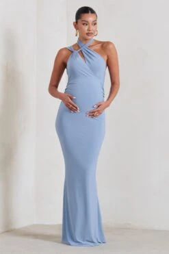 Alba | Powder Blue Maternity Halter Asymmetric Maxi Dress With Cut Out -ENY Clothing Shop WB CC HR CL129208 AlbaPowderBlueMaternityHalterAsymmetricMaxiDresswithCutOut0