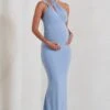 Alba | Powder Blue Maternity Halter Asymmetric Maxi Dress With Cut Out