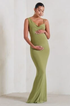 Phantasy | Olive Green Maternity Cowl Neck Maxi Dress