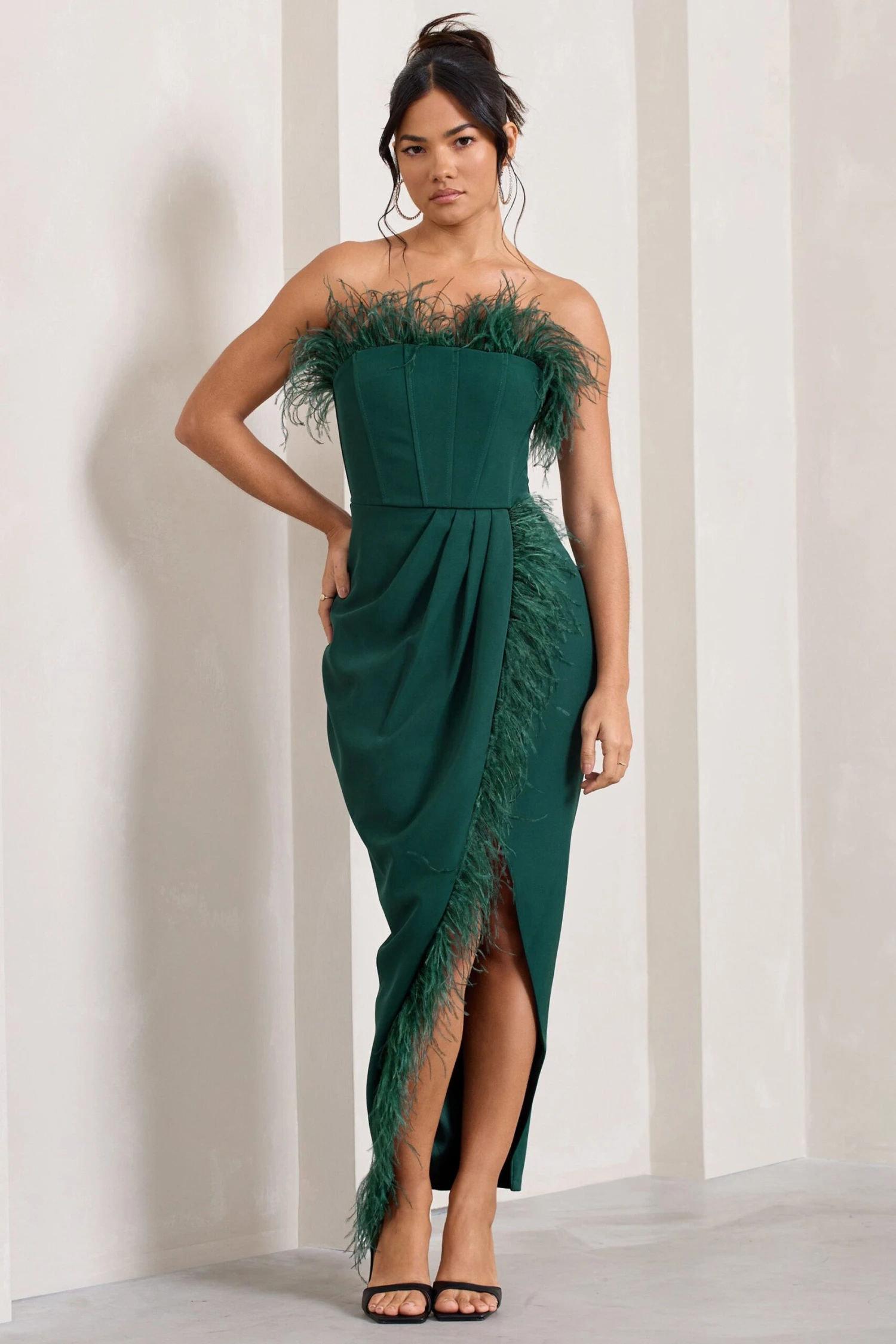 Cosmo | Bottle Green Bandeau Feather Corset Split Maxi Dress 6 Cosmo | Bottle Green Bandeau Feather Corset Split Maxi Dress - Image 4