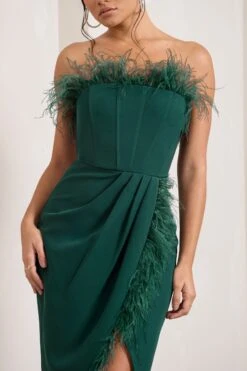Cosmo | Bottle Green Bandeau Feather Corset Split Maxi Dress 9 Cosmo | Bottle Green Bandeau Feather Corset Split Maxi Dress -ENY Clothing Shop WB CC HR CL129242047 CosmoBottleGreenBandeauFeatherCorsetSplitMaxiDress3