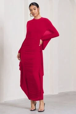 Keva | Red Long Sleeve Ruched Maxi Dress With Cape Detailing -ENY Clothing Shop WB CC HR CL129265004 KevaRedLongSleeveRuchedMaxiDresswithCapeDetailing0