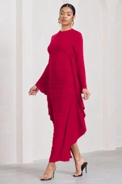 Keva | Red Long Sleeve Ruched Maxi Dress With Cape Detailing -ENY Clothing Shop WB CC HR CL129265004 KevaRedLongSleeveRuchedMaxiDresswithCapeDetailing3