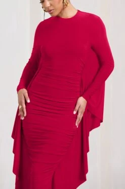 Keva | Red Long Sleeve Ruched Maxi Dress With Cape Detailing -ENY Clothing Shop WB CC HR CL129265004 KevaRedLongSleeveRuchedMaxiDresswithCapeDetailing4