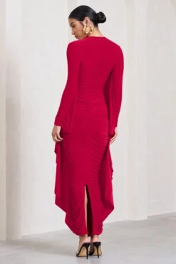 Keva | Red Long Sleeve Ruched Maxi Dress With Cape Detailing -ENY Clothing Shop WB CC HR CL129265004 KevaRedLongSleeveRuchedMaxiDresswithCapeDetailing5