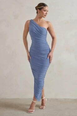 Dorit | Blue One Shoulder Asymmetric Ruched Midi Dress -ENY Clothing Shop WB CC HR CL129293 DoritBlueOneShoulderAsymmetricRuchedMidiDress2