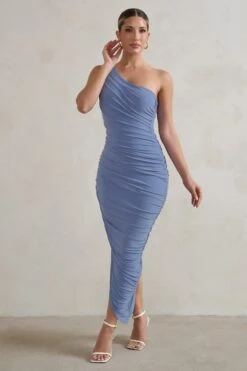 Dorit | Blue One Shoulder Asymmetric Ruched Midi Dress -ENY Clothing Shop WB CC HR CL129293 DoritBlueOneShoulderAsymmetricRuchedMidiDress3