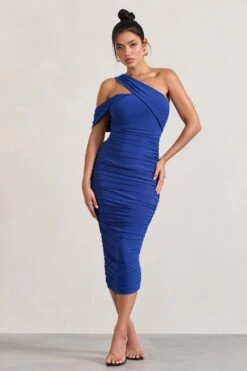 Cici | Cobalt Blue Asymmetric One Shoulder Ruched Midi Dress -ENY Clothing Shop WB CC HR CL129294071 CiciCobaltBlueAsymmetricOneShoulderRuchedMidiDress1