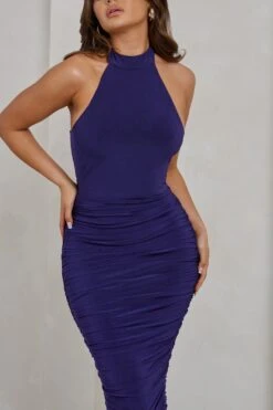 Chrissy | Purple Halterneck Ruched Midi Dress -ENY Clothing Shop WB CC HR CL129317 ChrissyBlackberryJamHalterneckRuchedMidiDress3