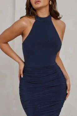 Chrissy | Navy Halterneck Ruched Midi Dress -ENY Clothing Shop WB CC HR CL129317 ChrissyNavyHalterneckRuchedMidiDress3