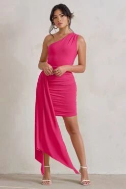 Charlie | Pink One Shoulder Ruched Mini Dress With Statement Drape -ENY Clothing Shop WB CC HR CL129320 CharlieHotPinkOneShoulderRuchedMiniDressWithStatementDrape1 1
