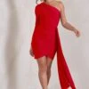 Claudina | Red Asymmetric Long Sleeve Wrap Mini Dress With Statement Drape -ENY Clothing Shop WB CC HR CL129321 ClaudinaRedAsymmetricLongSleeveWrapMiniDressWithStatementDrape2