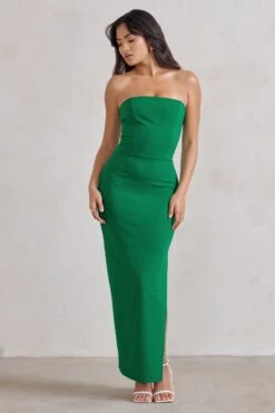 Dina | Green Bandeau Maxi Dress With Split