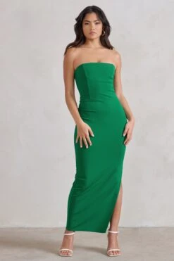Dina | Green Bandeau Maxi Dress With Split -ENY Clothing Shop WB CC HR CL129322 DinaGreenBandeauMaxiDressWithSplit2