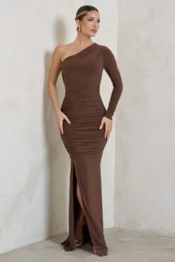 Doll | Brown Asymmetric One Sleeve Ruched Maxi Dress -ENY Clothing Shop WB CC HR CL129328 DollBrownAsymmetricOneSleeveRuchedMaxiDress3