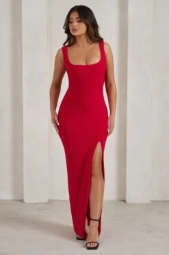 Madeline | Red Sleeveless Thigh Split Maxi Dress -ENY Clothing Shop WB CC HR CL129338 MadelineRedSleevelessThighSplitMaxiDress3