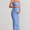 My Lady | Maternity Powder Blue Strapless Bodycon Ruched Mesh Maxi Dress