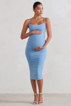 Raquel | Powder Blue Maternity Cami Midi Dress With Split