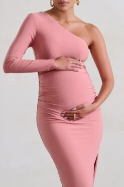 Paloma | Pink Maternity One Sleeve Asymmetric Maxi Dress -ENY Clothing Shop WB CC HR CL129400 PalomaBlushPinkMaternityOneSleeveAsymmetricMaxiDress4