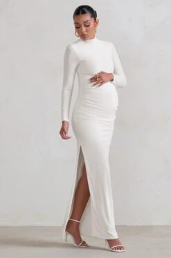 Alejandra | White Maternity Long Sleeve High Neck Maxi Dress -ENY Clothing Shop WB CC HR CL129402 AlejandraWhiteMaternityLongSleeveHighNeckMaxiDress4