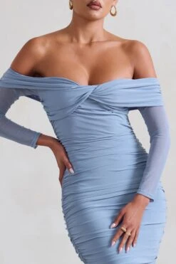 Neva | Ice Blue Bardot Twist Midi Dress -ENY Clothing Shop WB CC HR CL129406 Neva IceBlueBardotTwistMidiDress1