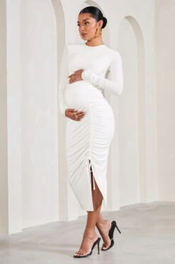 Eternal | White Ruched Long-Sleeved Split Maternity Midi Dress -ENY Clothing Shop WB CC HR CL129571005 EternalWhiteRuchedLong SleevedSplitMaternityMaxiDress1