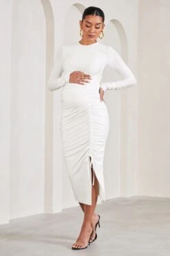 Eternal | White Ruched Long-Sleeved Split Maternity Midi Dress -ENY Clothing Shop WB CC HR CL129571005 EternalWhiteRuchedLong SleevedSplitMaternityMaxiDress2